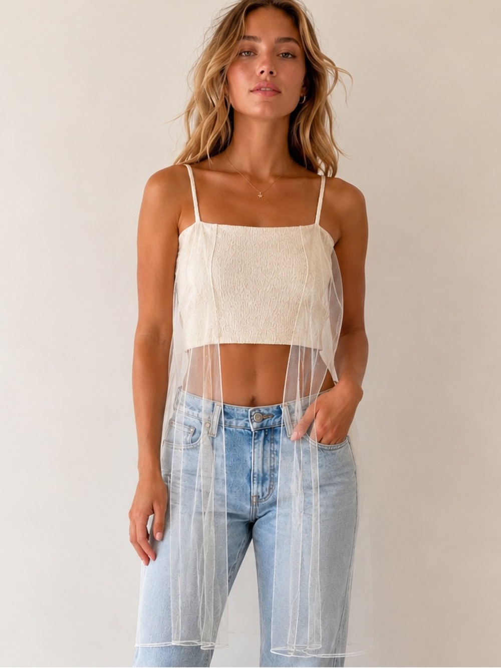 Altar’d State Ivory Smocked Fairycore Mesh Overlay Cropped Cami Top Size S